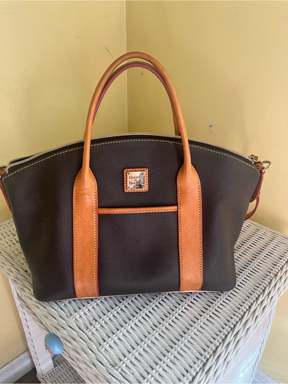 Dooney & Bourke Dark Brown Pebble Leather Satchel with Tan Handles w/strap